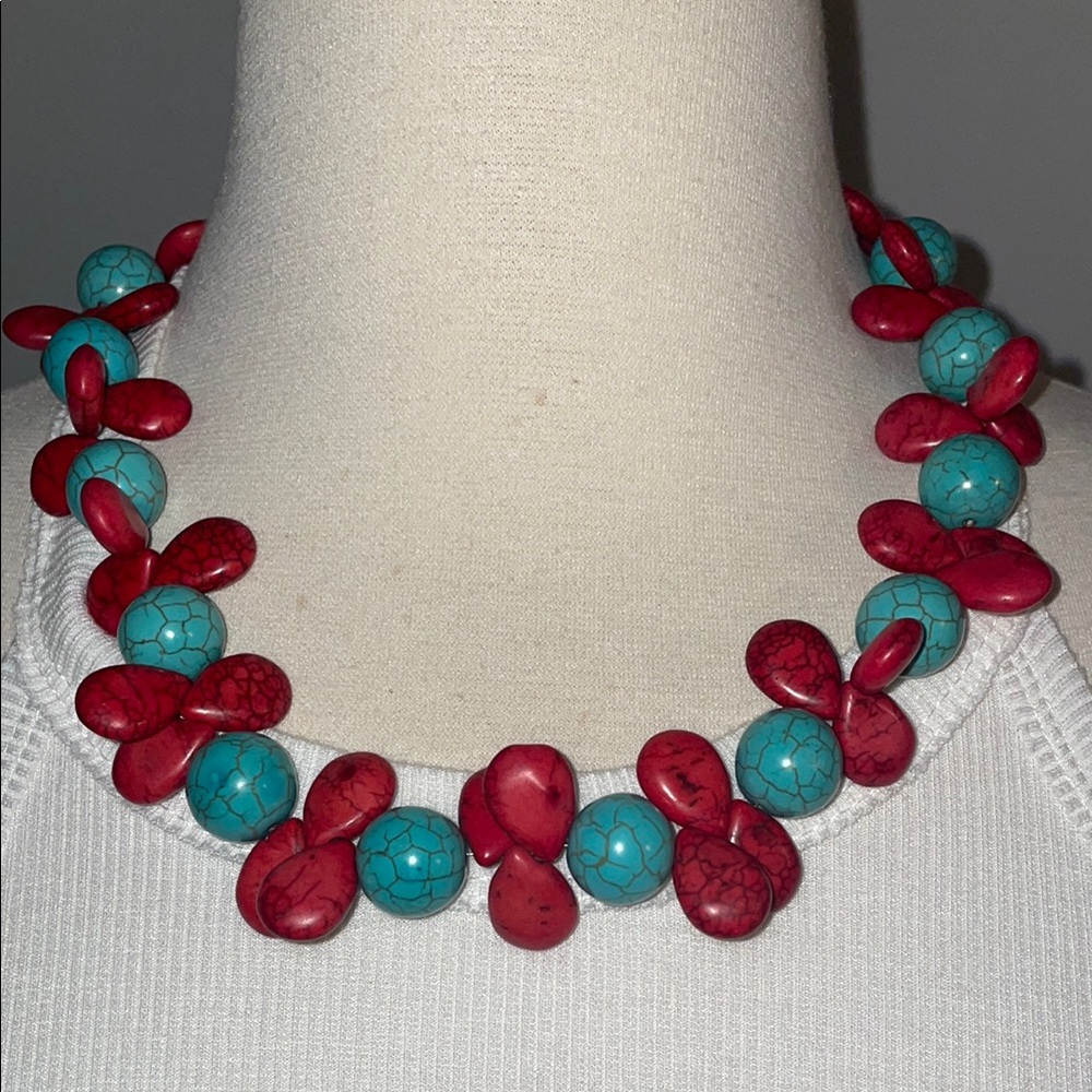 Red and Turquoise Stone Beaded Necklace